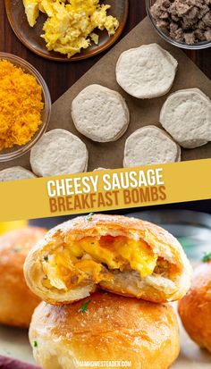 Breakfast bombs stacked, the top is cut open showing the filling of the breakfast bomb.  The top image is the assembly, showing the buttermilk biscuits, eggs, cheese, and cooke sausage. On The Go Toddler Breakfast, Breakfast Bombshell Recipes, Breakfast With Bacon Ideas, Easy Bulk Breakfast Ideas, Easy Brunch Ideas For Two, Leftover Breakfast Sausage, Hangover Breakfast Food, Group Breakfast Ideas Make Ahead, Blue Collar Breakfast Ideas