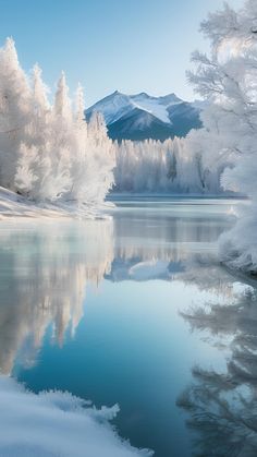 a lake surrounded by snow covered trees with mountains in the background