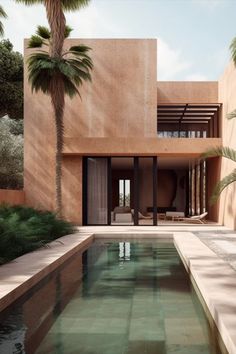 a pool in front of a house with palm trees