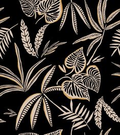 a black background with white and gold leaves