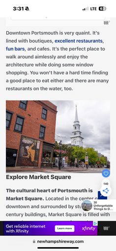 an image of a city with buildings on the side and text that reads explore market square