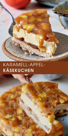 caramel apple cheesecake is cut in half and served on a plate with a fork