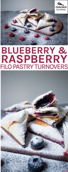 blueberry and raspberry filo pastry turnoverers are stacked on top of each other