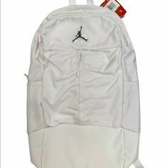 Brand New Authentic Air Jordan Fluid Backpack Gym Bag Laptop Storage White 9a0166-001 Sz Large Nwt. Sporty White School Bag, White Sporty School Bag, White Nylon Bags With Zipper Closure, White Nylon Bag With Zipper Closure, Sporty White Backpack For Daily Use, White Sports Bag With Adjustable Strap, White Nylon Backpack, White Nylon Casual Backpack, Casual White Nylon Backpack