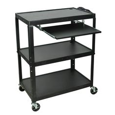 a black computer cart with two shelves on each side and one shelf holding a mouse