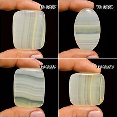 four pictures showing different shapes and sizes of soaps in the palm of someone's hand