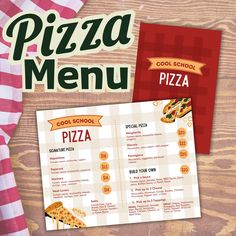 the pizza menu is displayed on a wooden table with red and white checkered cloth