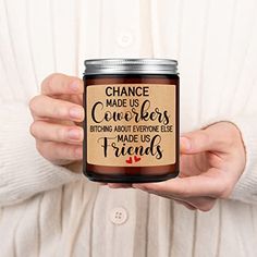 Brand: LEADOColor: Brown - LavenderFeatures: Funny work gifts; Printed with a fun saying “chance made us coworkers b about everyone made us friends”; A unique candle gift for your favorite coworker, colleague, best coworker, retired coworker, office friend, work friend, work bff, boss, employee, nurse, teacher or any coworker friend at workPerfect as coworker birthday gifts, new job gift, farewell gifts, goodbye gifts, office gift, work promotion gifts, moving away gifts, good luck gifts, white elephant, Christmas gifts, stocking stuffers, thank you gift for coworker, appreciation gifts, coworker retirement gifts, holiday gifts or just because gifts for coworkerDifferent scents like lavender, cedarwood and sage & lavender here for your choice; Lit it at any time of day or night, smell the Work Promotion, Coworker Appreciation, Favorite Coworker, Coworker Retirement, Coworker Birthday, Coworker Leaving, Elephant Christmas