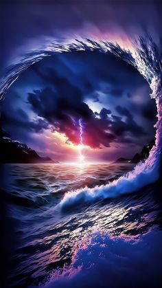 a painting of a large wave in the middle of the ocean at night with bright colors