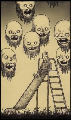 a drawing of a person on a slide surrounded by heads