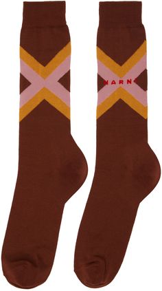 Pair of calf-high knit cotton-blend socks in brown. · Jacquard logo and argyle pattern at rib knit cuffs · Logo printed at sole Supplier color: Raisin Luxury Socks, Argyle Socks, Pringle Of Scotland, Argyle Pattern, Color Therapy, Knit Cuff, Knit Cotton, Raisin, Fair Isle