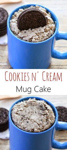 cookies n'cream mug cake in a blue cup