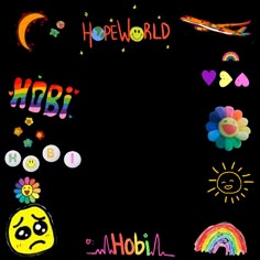 the word hopeworld is surrounded by various cartoon characters and symbols, including an emoticive smiley face