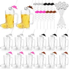 several different types of drinking glasses with straws