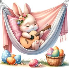 a cartoon bunny is playing the guitar in a hammock with eggs around it