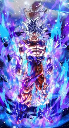 the dragon ball super saishi is surrounded by blue and purple lightening, as well as an image of gohan