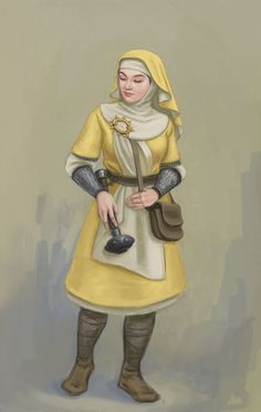 a painting of a woman dressed in yellow and holding a small purse with a star on it