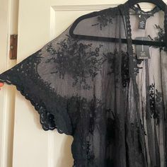 New With Tags, Black Lace Kimono From Inc. One Size Black Lace V-neck Sleepwear, Black Sheer V-neck Sleepwear, Black Lace Summer Sleepwear, Black Lace Sleepwear For Summer, Black Lace Sleepwear For Loungewear, Black Sheer Tops For Night, Black Lace Sleepwear, Black Lace Tops For Loungewear, Black Lace Tops For Daywear