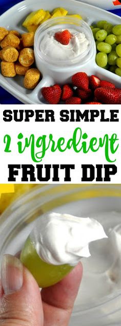 a hand holding a pickle in front of a bowl of fruit dip with the words super simple 2 ingredient fruit dip