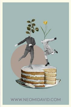 two people are jumping over a cake with flowers on it and one is holding a flower in the other hand