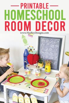 two young children sitting at a table with plates on it and the words printable homeschool room decor above them