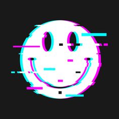 an animated smiley face on a black background with pink and blue lines in the foreground