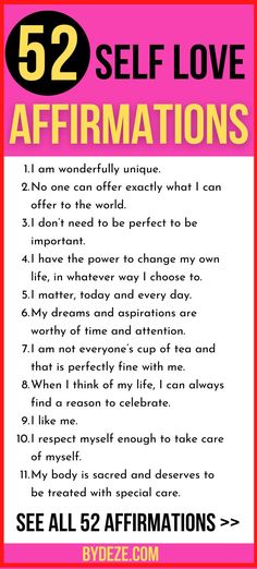 a poster with the words 52 self love affirmations