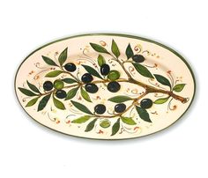 an oval plate with olives and leaves painted on it