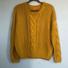 Nwt Size L Sweater Has Loads Of Different Texture Stitches Throughout. Beautiful Cable Detailing On Front And On Sleeves. Yellow Knitted Long Sleeve Sweater, Winter Yellow Cable Knit Sweater, Yellow Textured Knit Long Sleeve Sweater, Yellow Crew Neck Sweater For Winter, Yellow Textured Knit Sweater, Yellow Long Sleeve Knitted Sweater, Casual Yellow Cable Knit Sweater, Casual Mustard Knit Sweater, Casual Yellow Knit Sweater