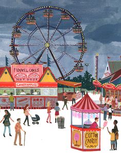 a painting of an amusement park with people skating on the ice and carnival rides in the background