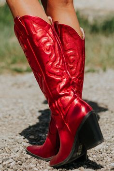 Candy Apple Red Faux Leather Metallic Western Boots | Lime Lush Metallic Western Boots, Red Cowgirl Boots, Western Wardrobe, Coyote Ugly, Red Leather Boots, Lime Lush, Black Block Heels, Honky Tonk, Candy Apple Red