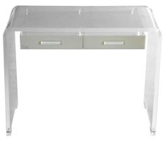 an acrylic desk with two drawers on the bottom and one drawer at the top