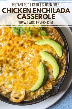 chicken enchilada casserole with avocado on top