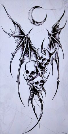 a drawing of two skulls with bats on their heads and the moon in the background