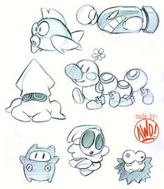 some drawings of different types of animals and objects in the style of mario kart