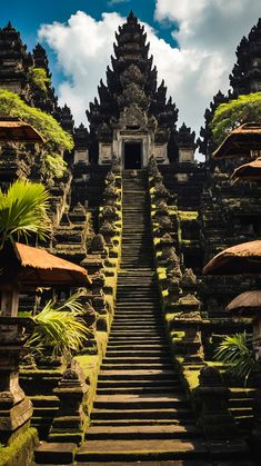 the stairs lead up to an ancient temple