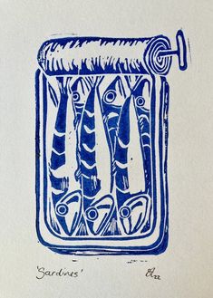 a blue ink drawing of fish in a jar on top of a white paper with the words sardines written below it