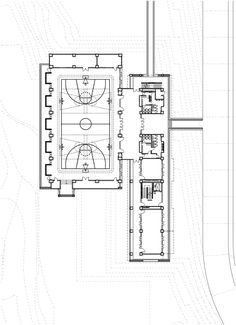 an architectural drawing of a basketball court in the middle of a building with two floors