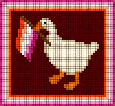 a cross - stitch pattern with a duck and an umbrella in the middle, on a red background