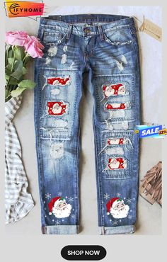 Sky Blue Christmas Santa Claus Patchwork Distressed Boyfriend Jeans Distressed Boyfriend Jeans, Christmas Santa Claus, Blue Christmas, Christmas Santa, Boyfriend Jeans, Sky Blue, Santa Claus, Blue Sky, Womens Bottoms