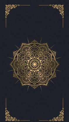 a black and gold background with an ornate design in the middle, on top of it