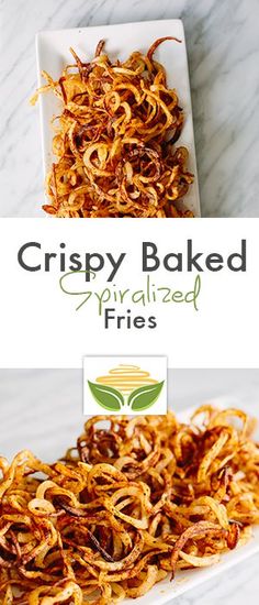 crispy baked spiraled fries on a plate with the words crispy baked fried fries