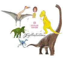 four different types of dinosaurs are depicted in this illustration