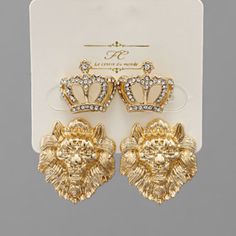 Majestic Lion And Crown Earrings Ensemble - Crafted From Metal - Adorned With Crystals - Post Style For Easy Wear Lion And Crown, Lion Crown, Majestic Lion, Crown Earrings, Statement Hoop Earrings, Juicy Couture Charms, Earring Ideas, Circle Studs, Cubic Zirconia Earrings