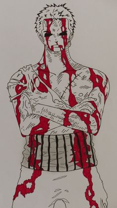 a drawing of a man with blood dripping all over his face and chest, standing in front of a white background