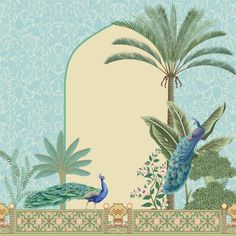 a blue and green painting with two peacocks in front of a blank sign surrounded by palm trees