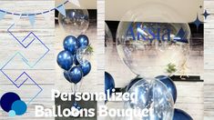 blue balloons and streamers are displayed in front of a white brick wall with the words, personalized balloons bouquet