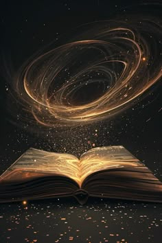 an open book flying through the air with sparkling stars around it on a black background