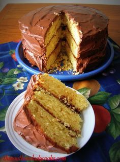 a chocolate cake with one slice cut from it on a plate next to the rest of the cake