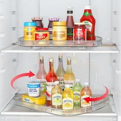 an open refrigerator with drinks and condiments in it